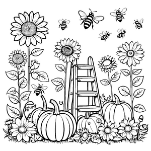 Bienen im herbstlichen Garten mit Sonnenblumen und Kürbissen Ausmalbild fuer kleine Entdecker