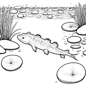 Axolotl im Wasser: Ein Ausmalspaß mit Pflanzen und Steinen