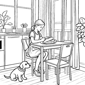 Baguettes schneiden: Ein lustiges Malbild mit Hund und Familie