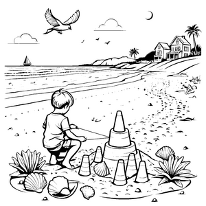 Malen: Sandburgen am Strand mit Meer und Sonne