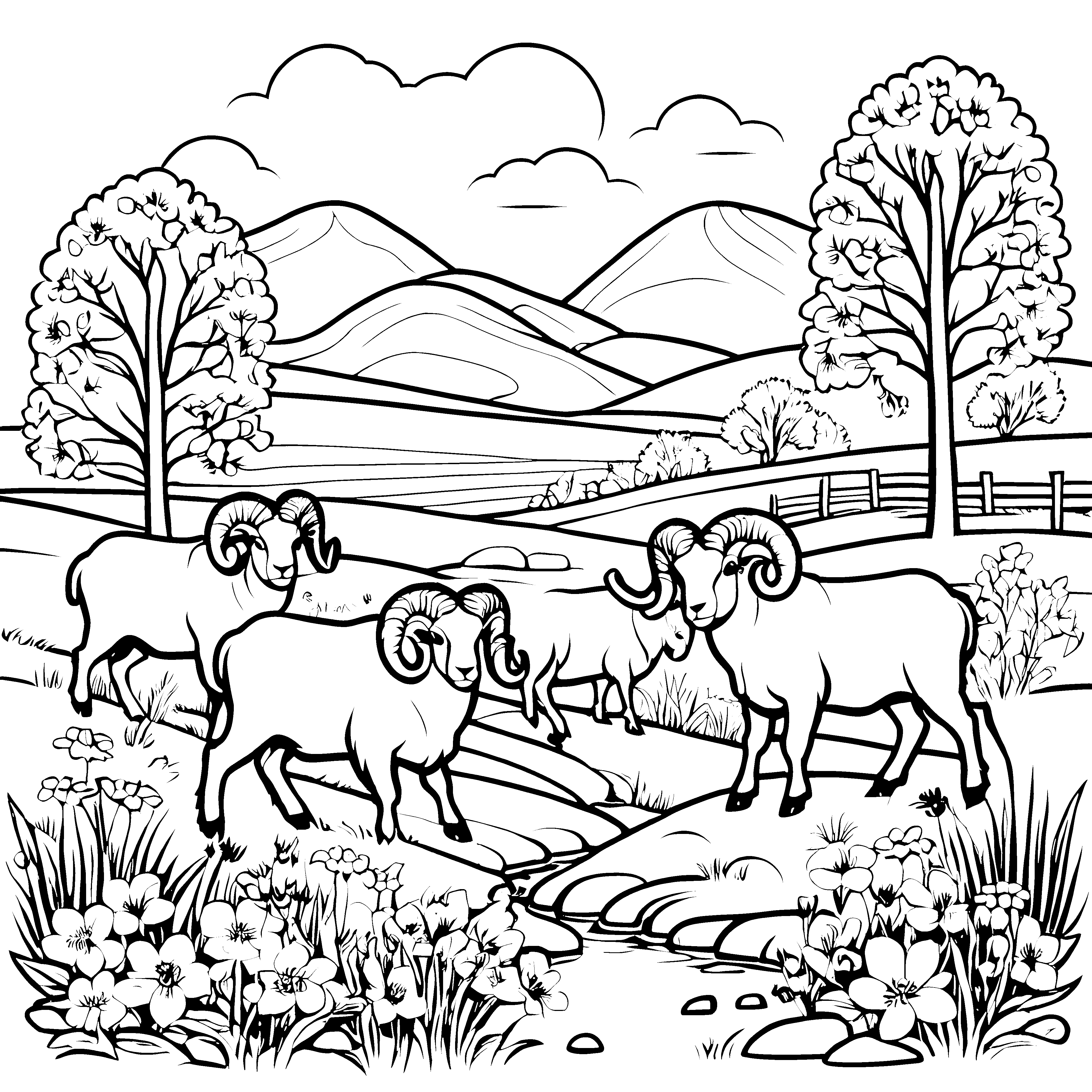Hammel auf der Wiese mit Blumen und Hügeln zum Ausmalen