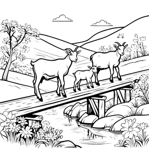 Ziegen und Zicklein auf der Brücke im blühenden Tal