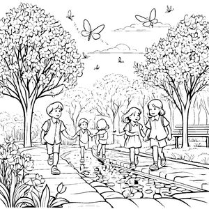 Kinder spazieren durch blühende Parklandschaft mit Schmetterlingen