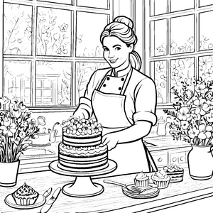 Die Konditorin dekoriert einen großen Tortenkuchen zum Ausmalen