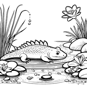 Axolotl im Teich: Ein Ausmalspaß mit Lotusblüten und Pflanzen