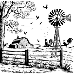 Die Hähne am Bauernhof mit Windmühle zum Ausmalen