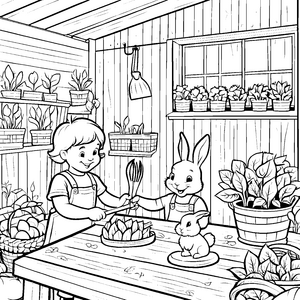 Das Kind und der Hase bereiten Wirsing im Gewächshaus vor - Ausmalbild fuer kleine Entdecker