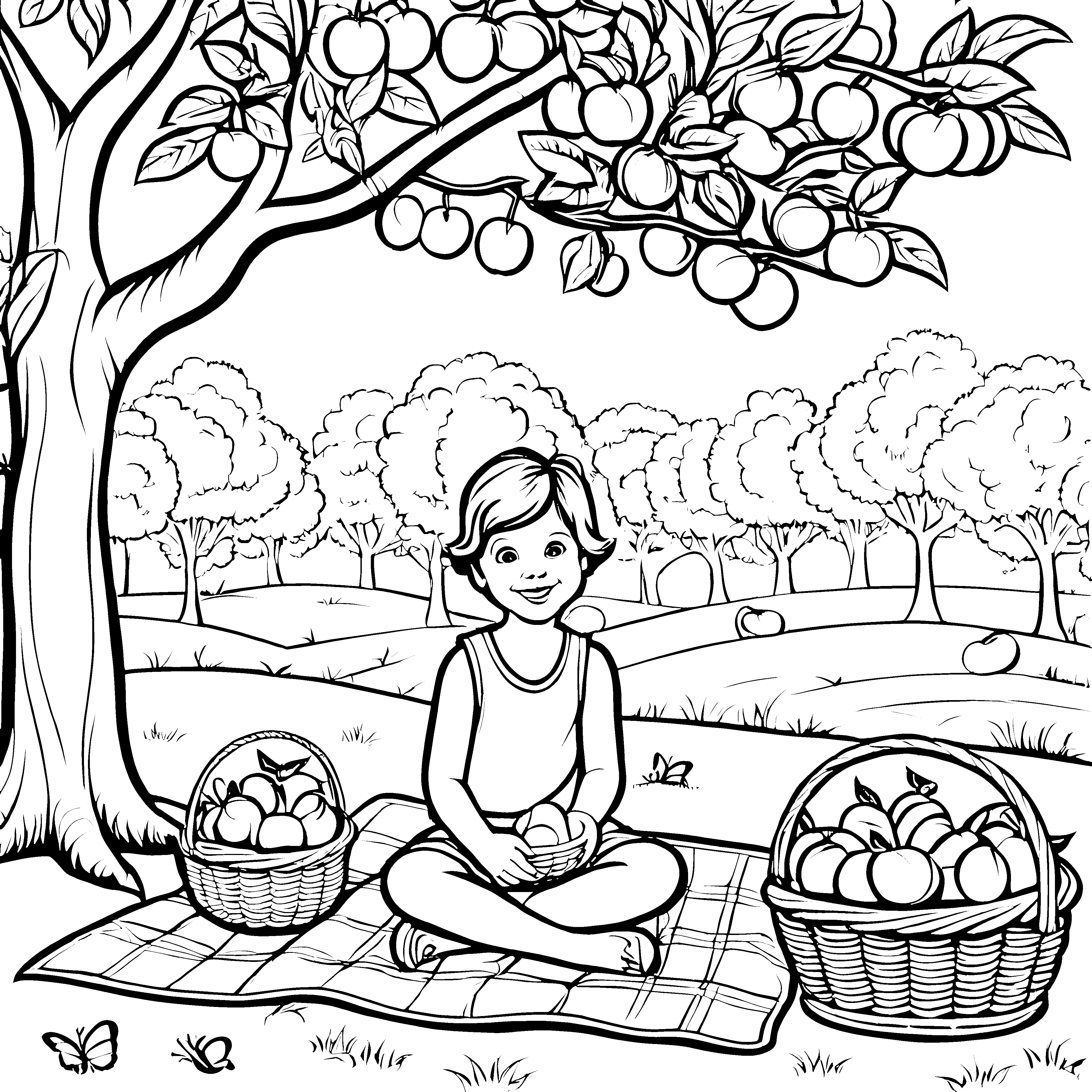 Picknick mit vielen süßen Nektarinen im Obstgarten Ausmalbild fuer kleine Entdecker