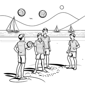 Strandspaß: Junge spielen Volleyball in gestreiften Hemden