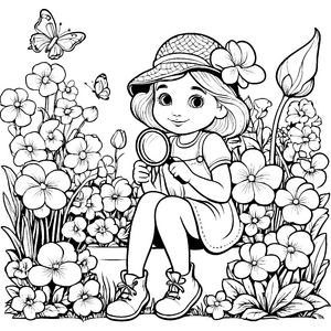 Das kleine Mädchen entdeckt bunte Frühlingsblumen mit der Lupe – Ausmalbild fuer kleine Entdecker