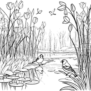 Vögel bei Blüten: Ein Ausmalspiel am Teichufer