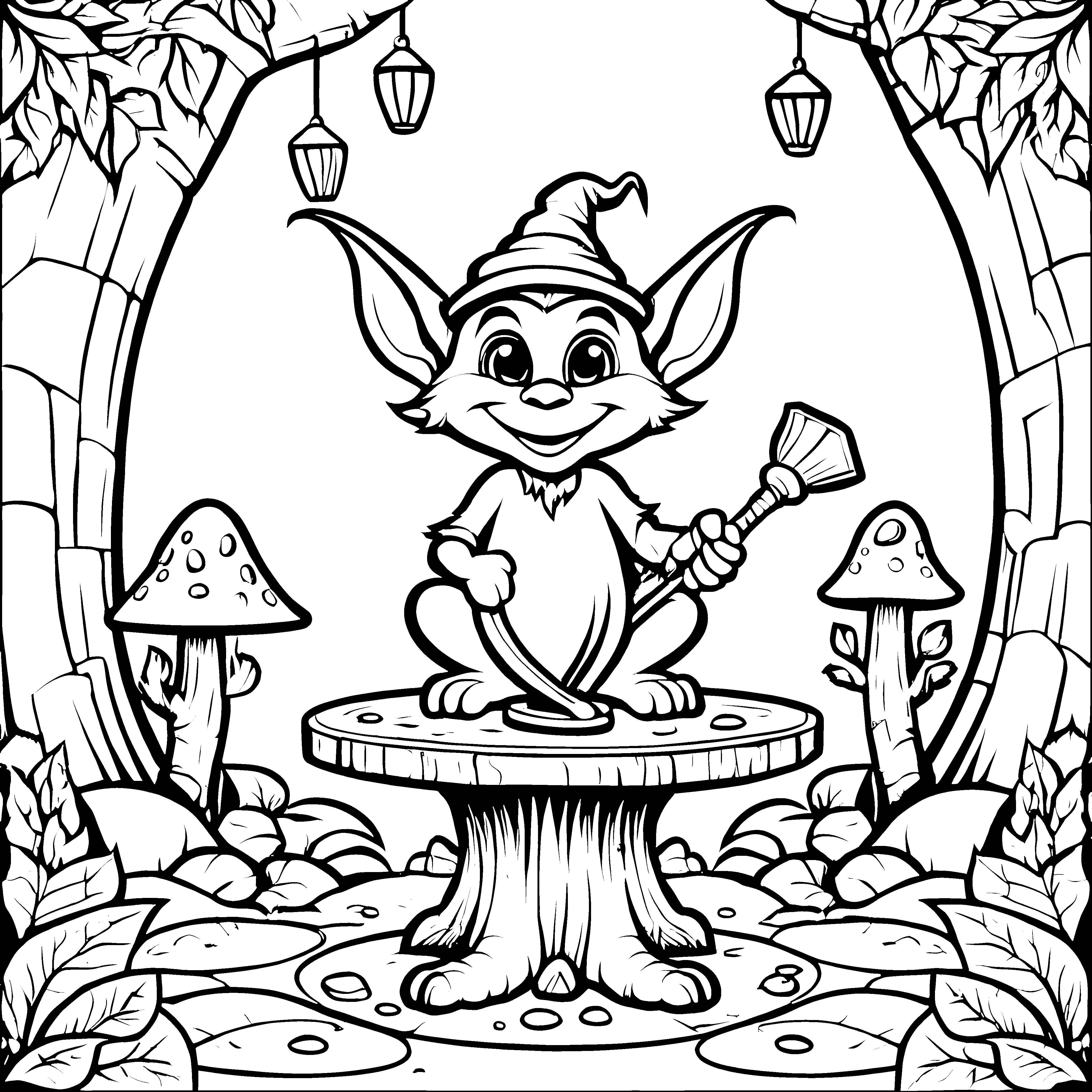 Der kleine Goblin mit Besen auf dem Baumstumpf - Ausmalbild fuer kleine Tierfreunde