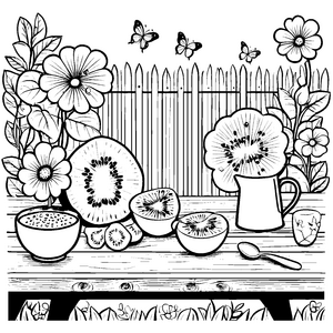 Kiwis, Schmetterlinge und Blumen am Zaun zum Ausmalspaß