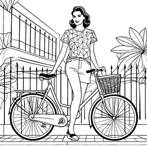 Geometrisches Muster: Eine Frau mit Fahrrad vor grüner Kulisse zum Ausmalen