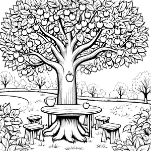 Der große Apfelbaum mit Tisch und Hockern - Ausmalbild fuer kleine Entdecker