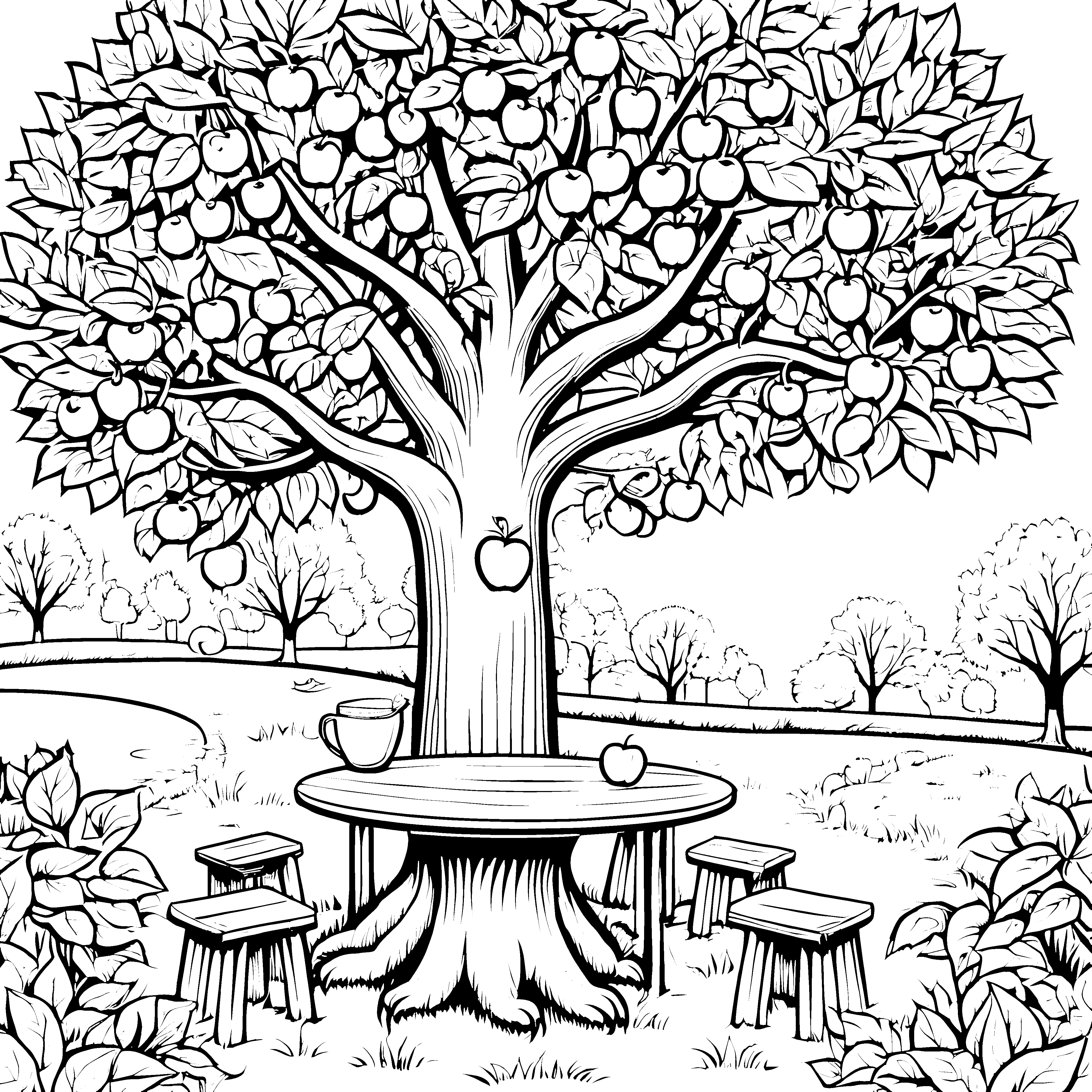 Der große Apfelbaum mit Tisch und Hockern - Ausmalbild fuer kleine Entdecker