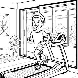 Der Junge trainiert auf dem Laufband im Fitnessraum – Ausmalbild fuer kleine Entdecker