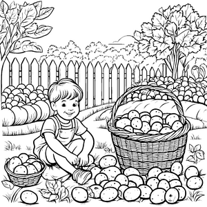Der Junge erntet Kartoffeln im Garten - Ausmalbild fuer kleine Entdecker