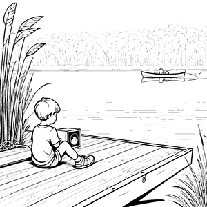 Der kleine Junge mit dem Lautsprecher am Ufer malend