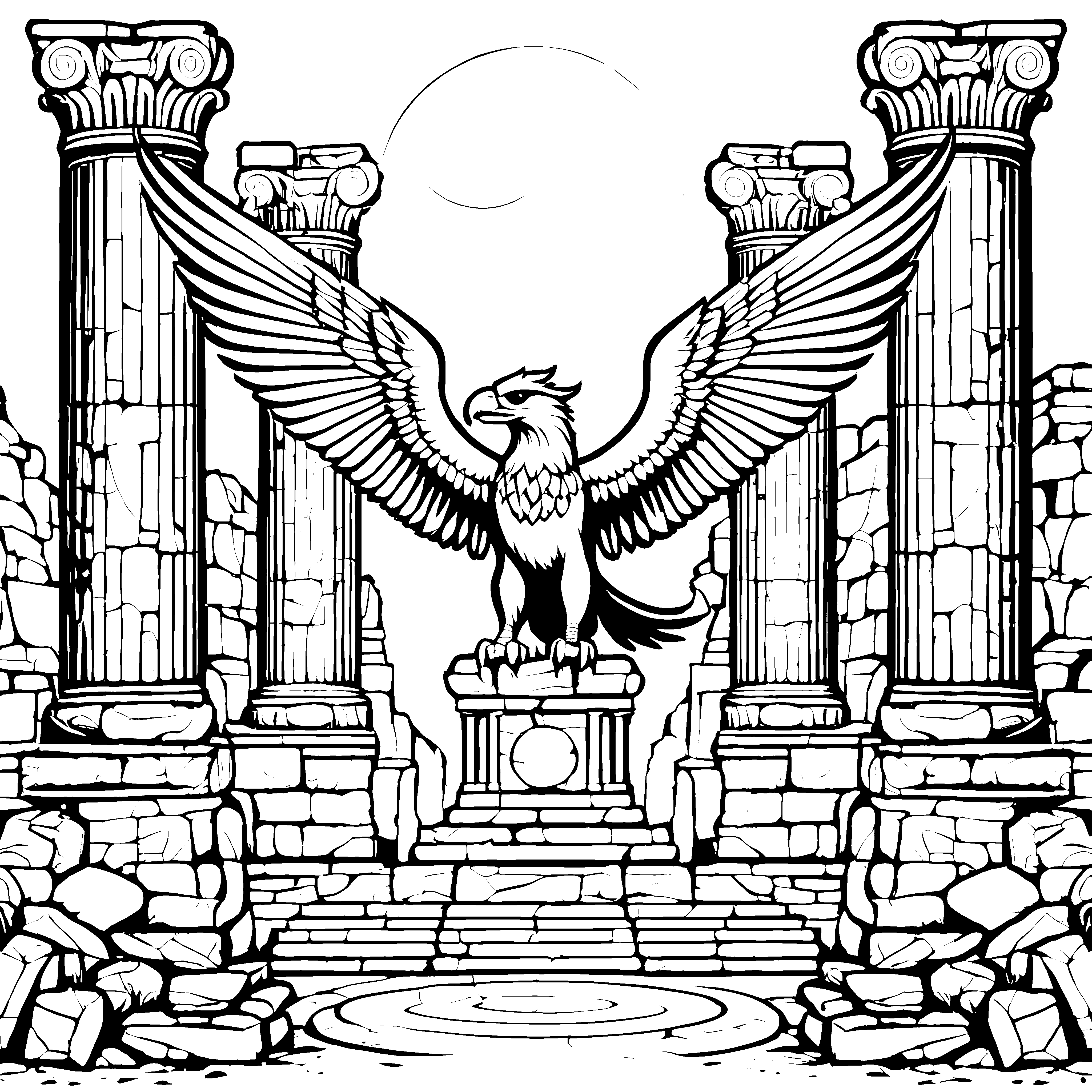 Der majestätische Greif im antiken Tempel zum Ausmalen