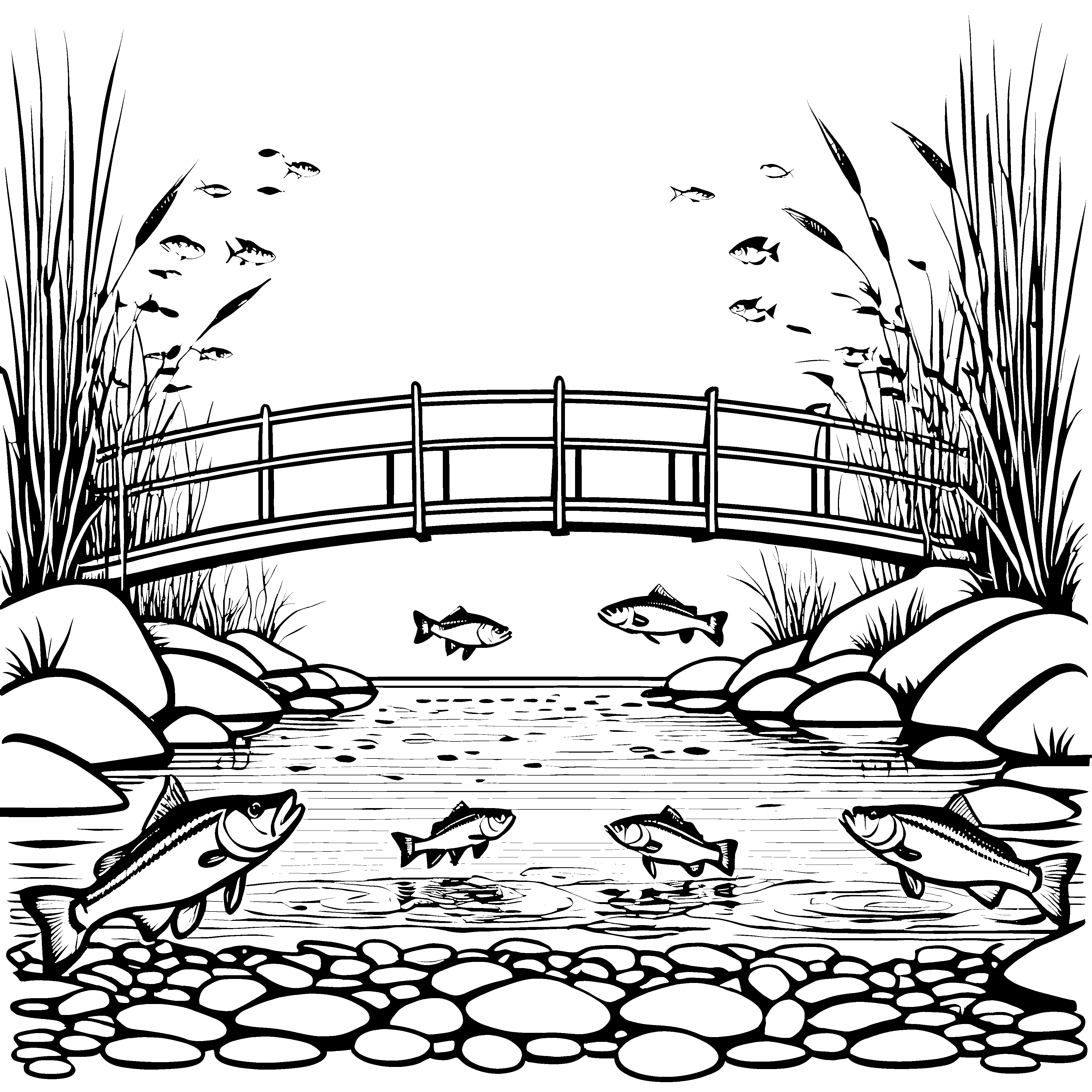 Barsche im Teich: Ein Ausmalspaß mit Brücke und Schilf