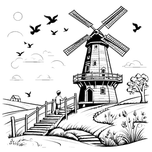Die große Windmühle auf der grünen Wiese zum Ausmalen