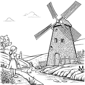 Mädchen, Hase und die große Windmühle in der Wiese zum Ausmalen