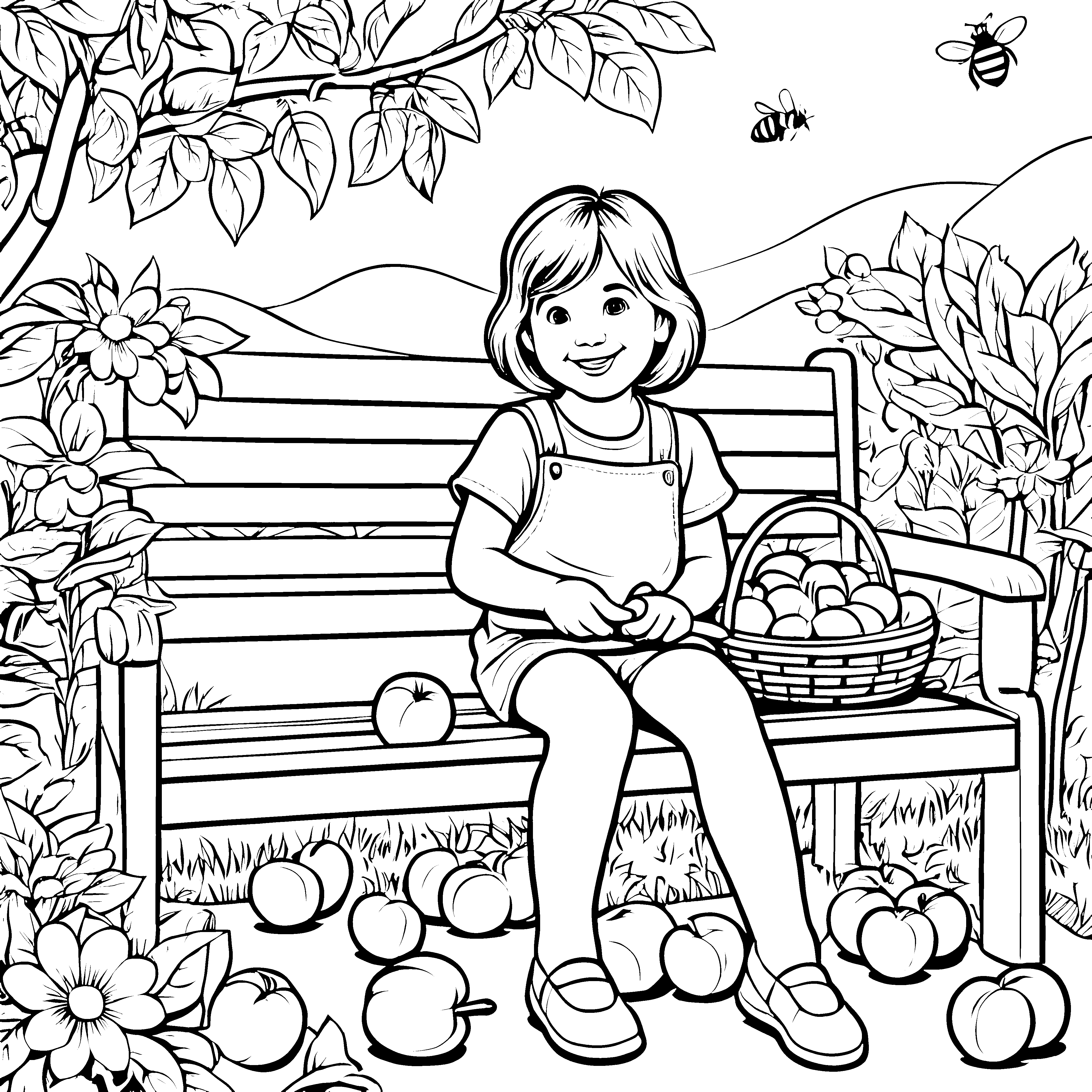 Das kleine Mädchen mit dem Korb voller Nektarinen - Ausmalbild fuer kleine Entdecker