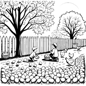 Eier sammeln im Garten mit Hühnern zum Ausmalen