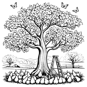 Der große Birnenbaum mit Leiter und Schmetterlingen Ausmalbild fuer kleine Entdecker