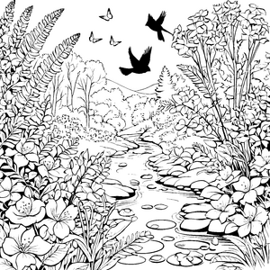Vögel am Bach zwischen Blüten und üppigem Grün malen