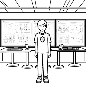 Der Super-Datenschützer vor drei Computermonitoren zum Ausmalen