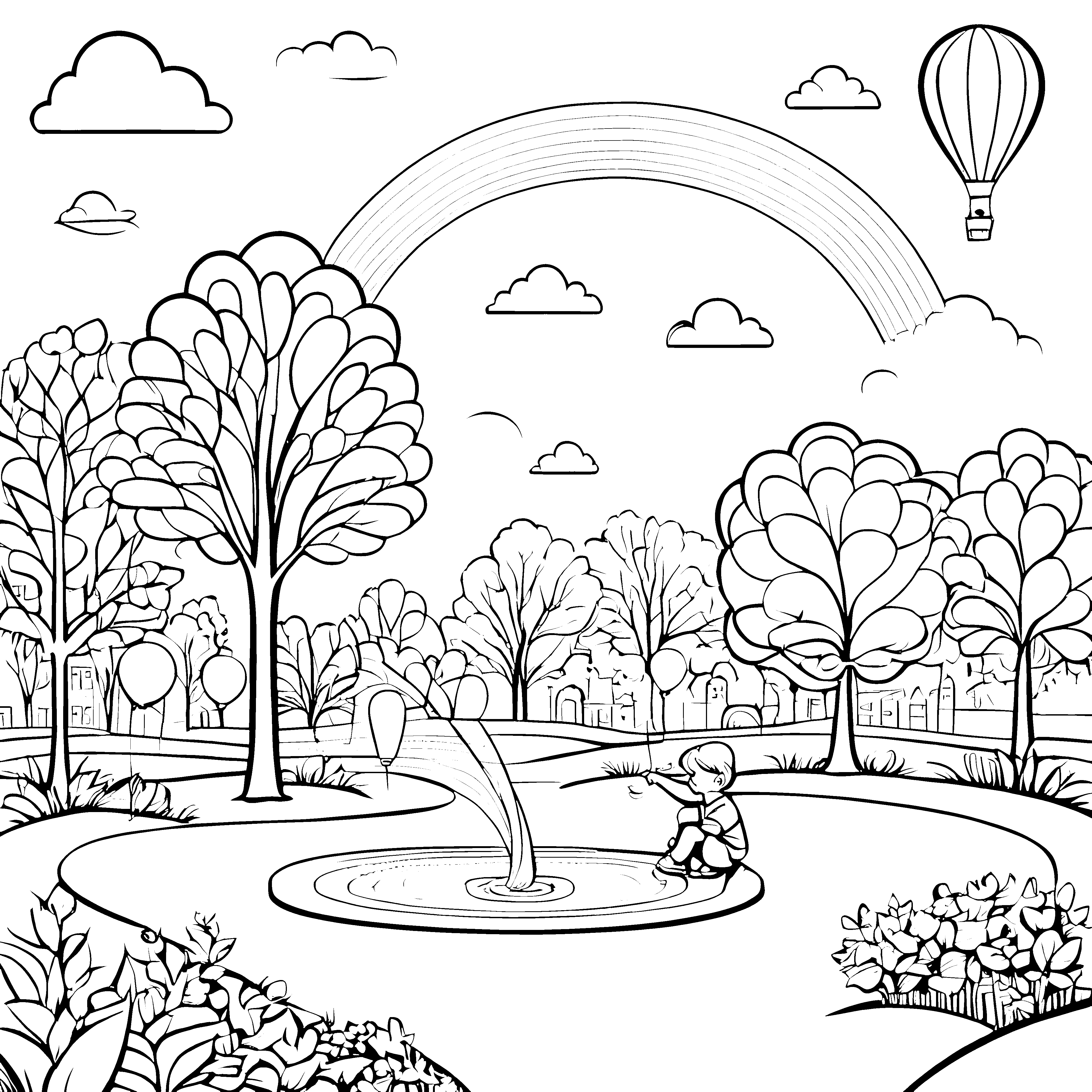 Der bunte Regenbogen über dem Teich mit Luftballons zum Ausmalen