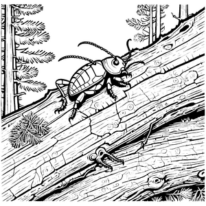 Die kleinen Borkenkäfer auf dem verwitterten Holzstamm malen