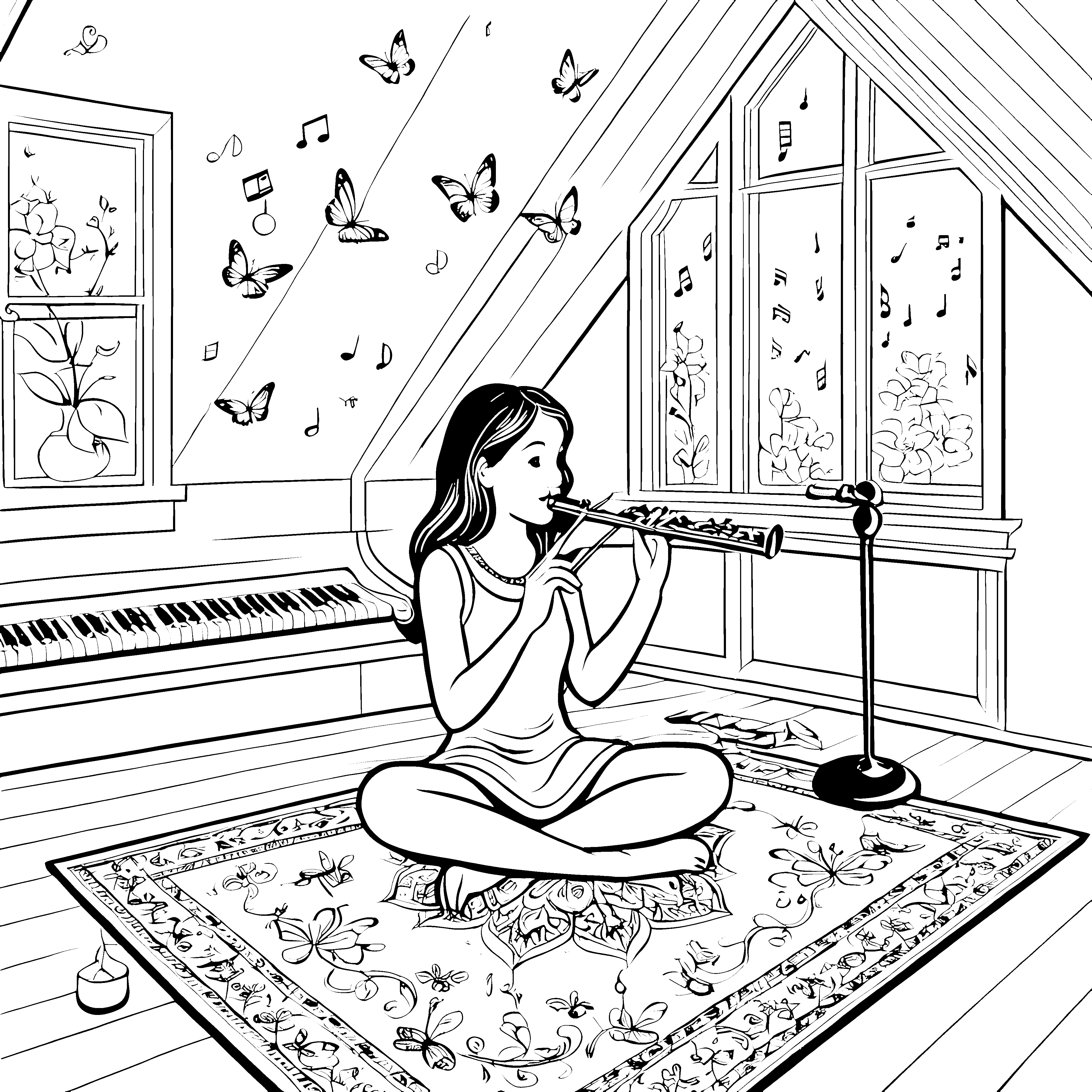 Das Mädchen spielt Flöte im Musikzimmer mit Schmetterlingen - Ausmalbild fuer kleine Entdecker