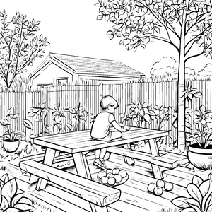 Mandarinen pflücken im Garten: Ein Picknickausmalbild für Kinder