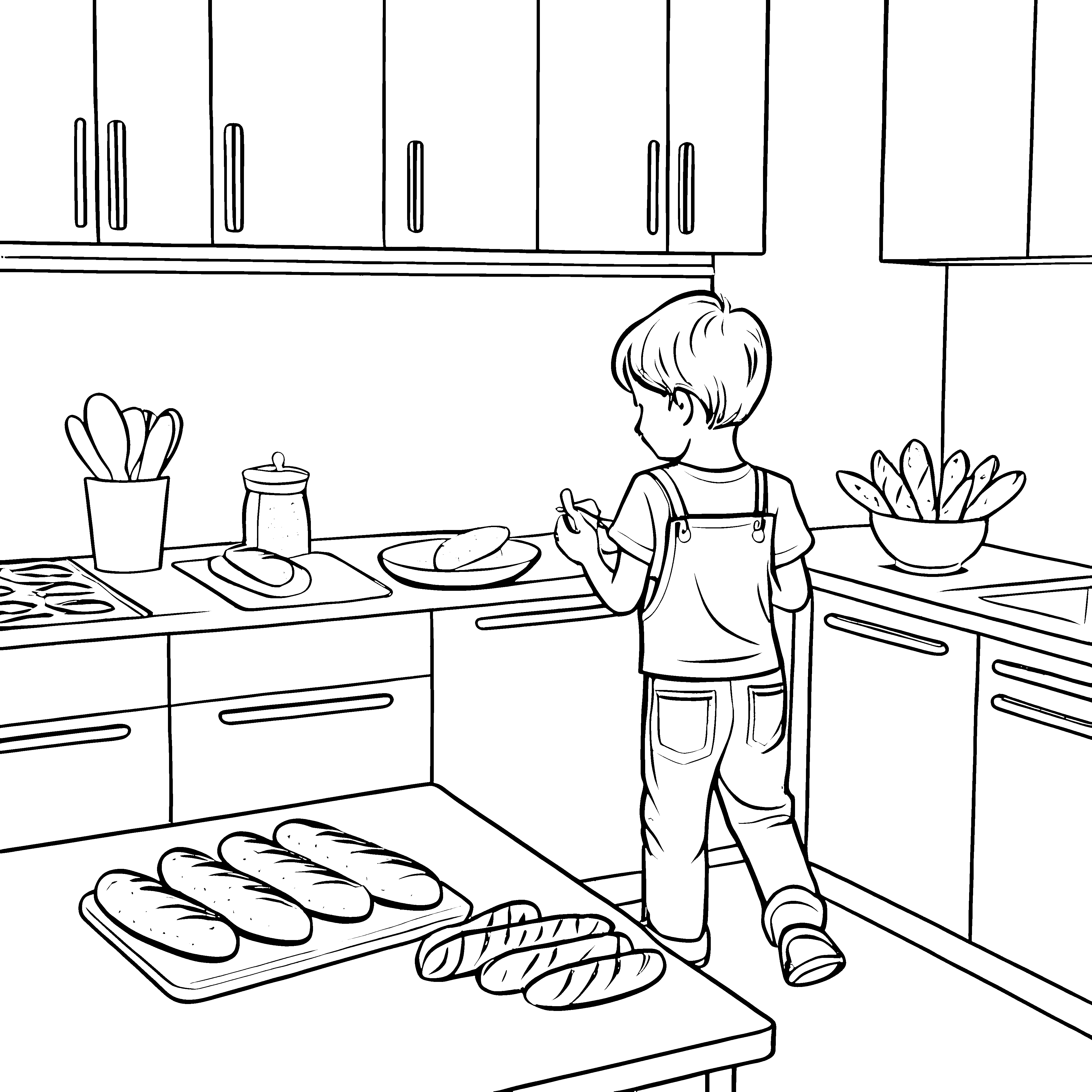 Baguette backen: Ein Kind in der Küche malt mit Brot