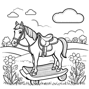 Pferd mit Sattel im Blumenwiesen-Ausmalbild für Kinder