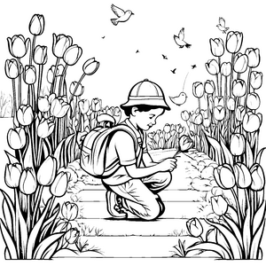 Kind im Tulpenfeld mit fliegenden Vögeln zum Ausmalen