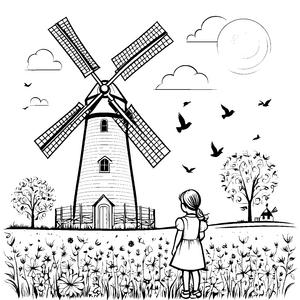 Das Mädchen bei der Windmühle im Blumenfeld zum Ausmalen