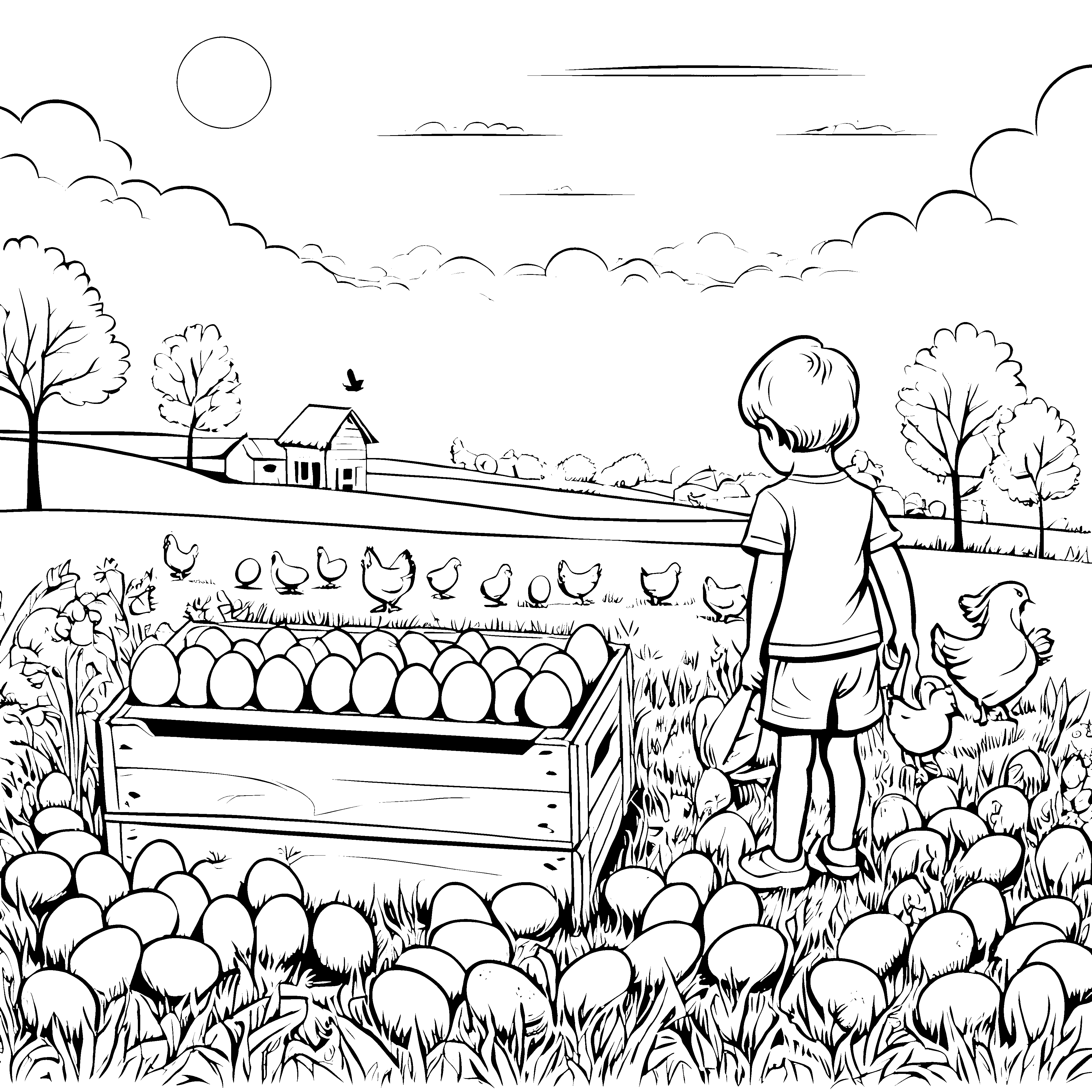 Eier sammeln mit Küken und Hund im Garten malen