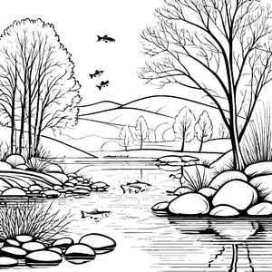 Barsche im Fluss: Ein malerisches Ausmalspiel mit Uferlandschaft