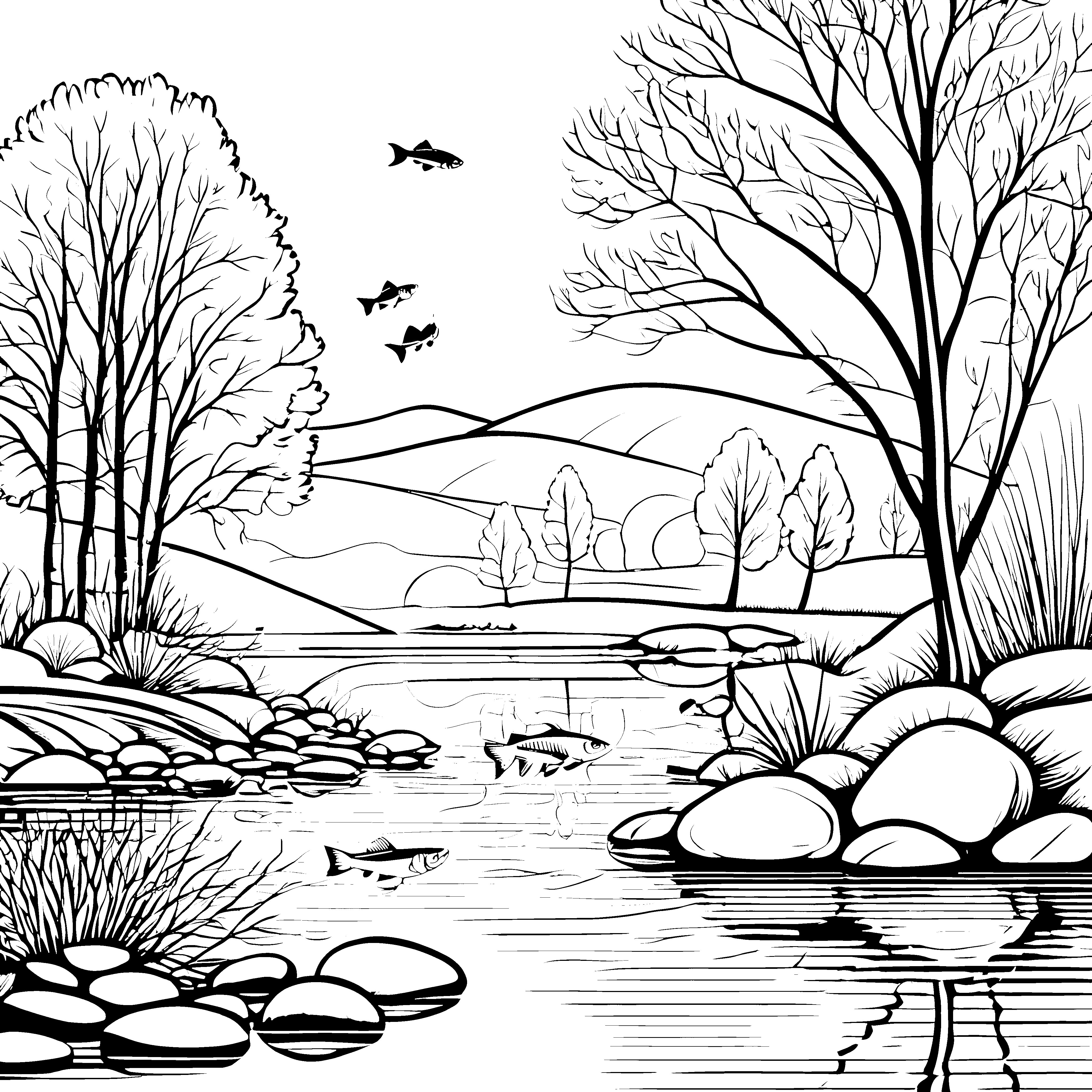 Barsche im Fluss: Ein malerisches Ausmalspiel mit Uferlandschaft