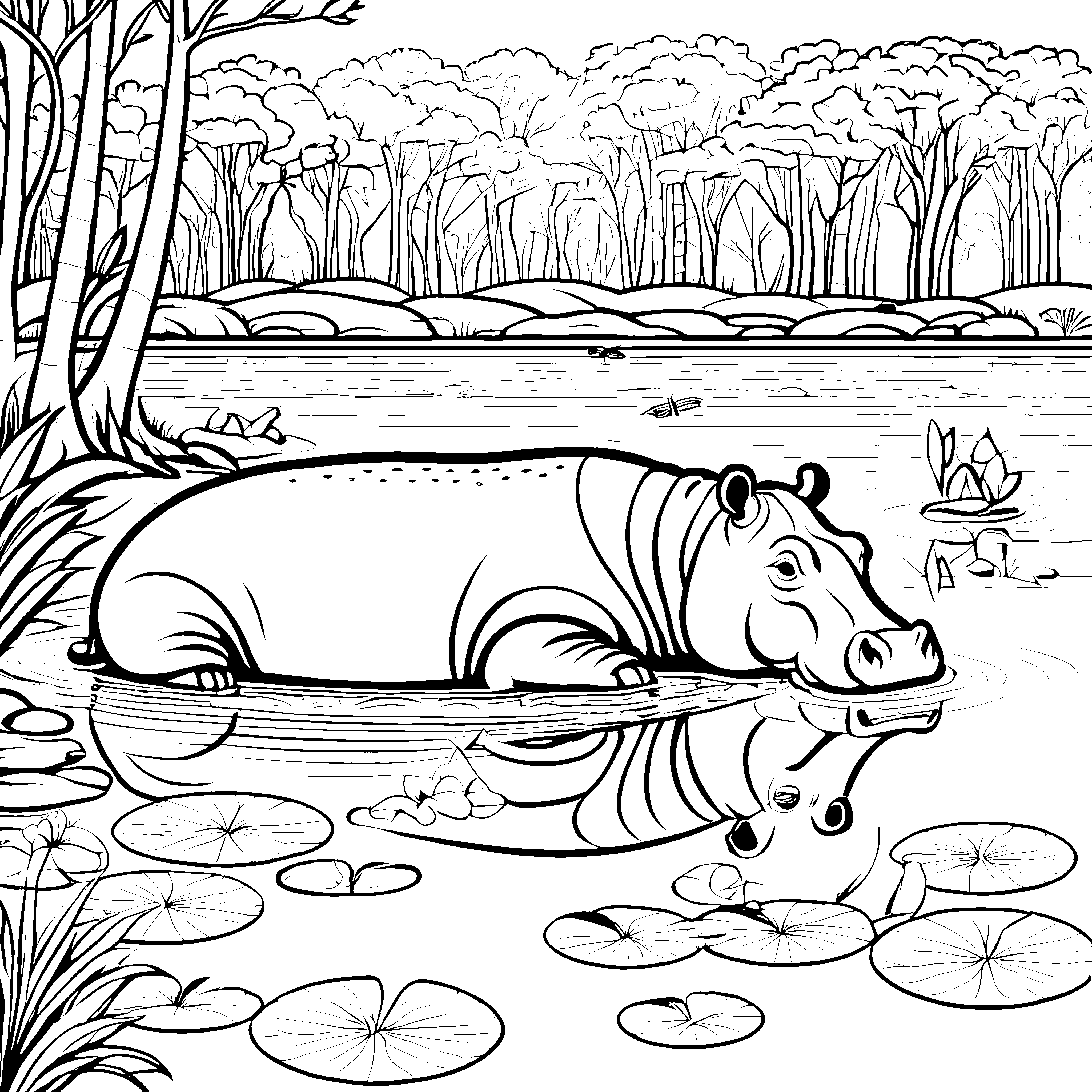 Das Flusspferd im See mit Seerosen und Schilfgras - Ausmalbild fuer kleine Tierfreunde