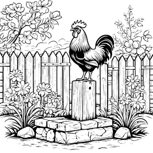Der Hahn am Zaun mit Blumen zum Ausmalen