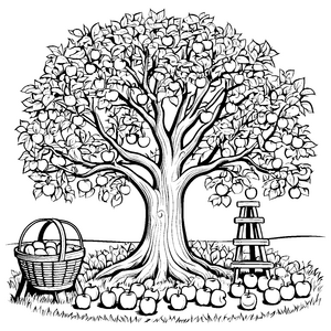 Der große Apfelbaum mit Korb und Leiter Ausmalbild fuer kleine Entdecker