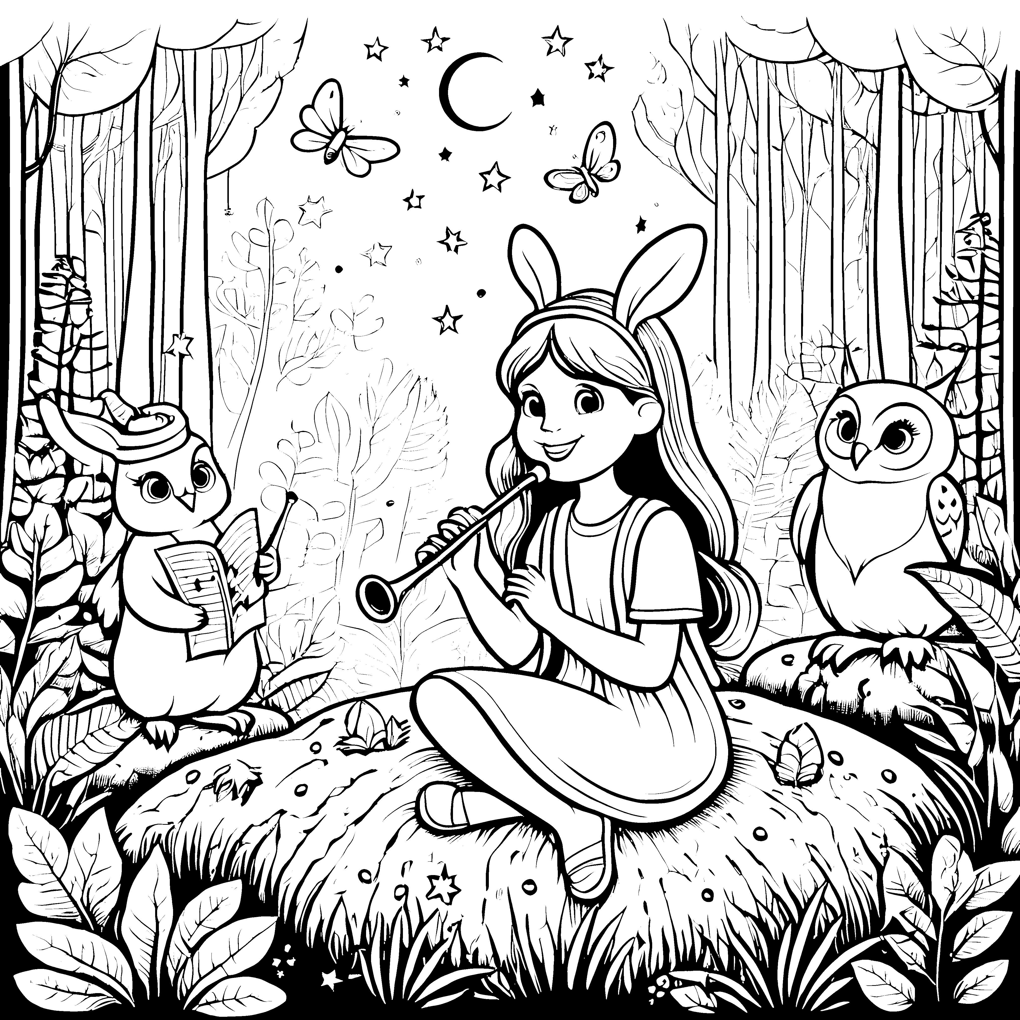 Das Mädchen mit der Flöte im Zauberwald - Ausmalbild fuer kleine Tierfreunde