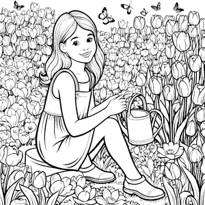 Das Mädchen im Garten mit bunten Frühlingsblumen und Schmetterlingen – Ausmalbild fuer kleine Entdecker