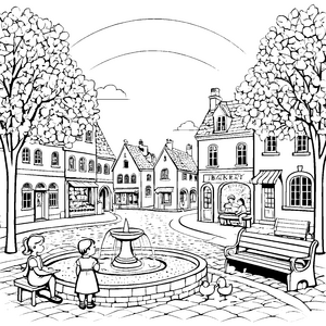 Regenbogen über dem malerischen Dorf mit Brunnen und Kindern zum Ausmalen