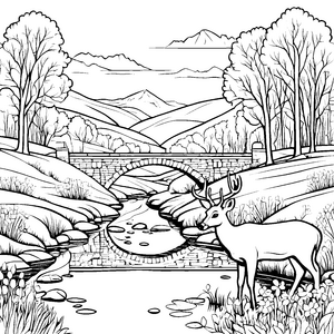 Das Reh im malerischen Tal mit Fluss und Steinbrücke zum Ausmalen